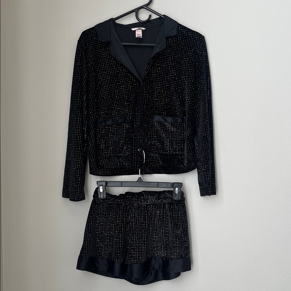 Black Rhinestone Velvet Skirt Set - Women's Two-Piece